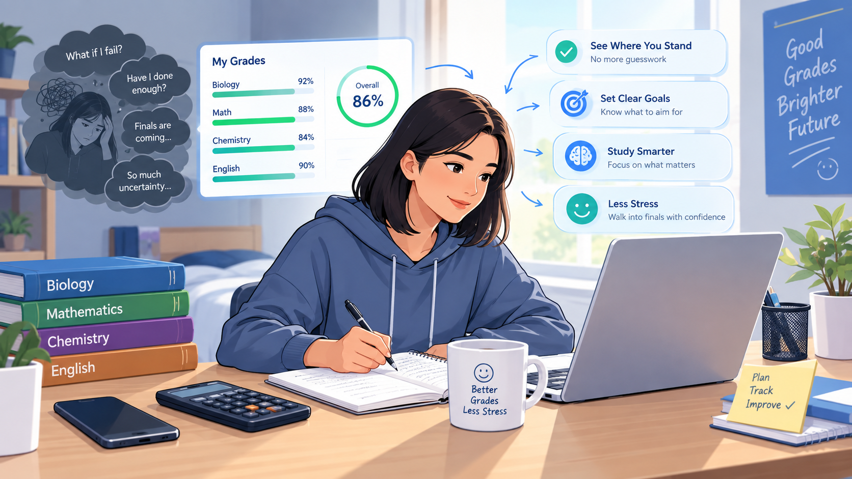 College student tracking grades and studying with a laptop, calculator, notes, and academic progress chart