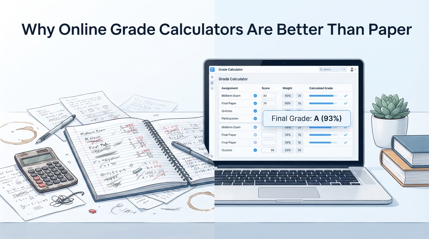 Student using an online grade calculator instead of paper notebooks